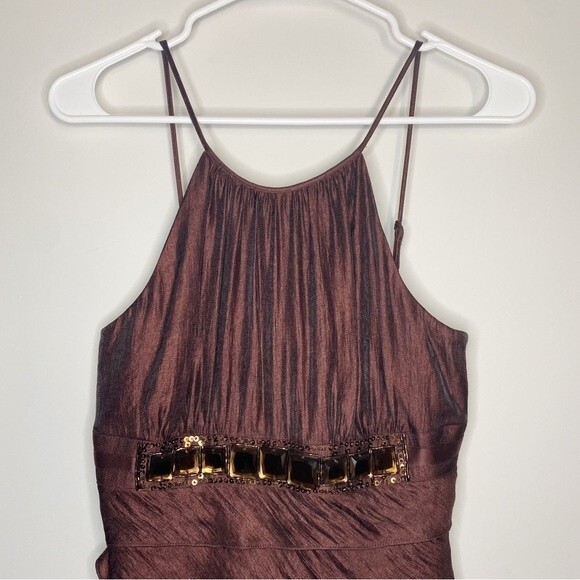 Caché Brown Ruffle Layered Tiered Jewel Beaded Cocktail Party Dress Satin Size 4 - Picture 2 of 11